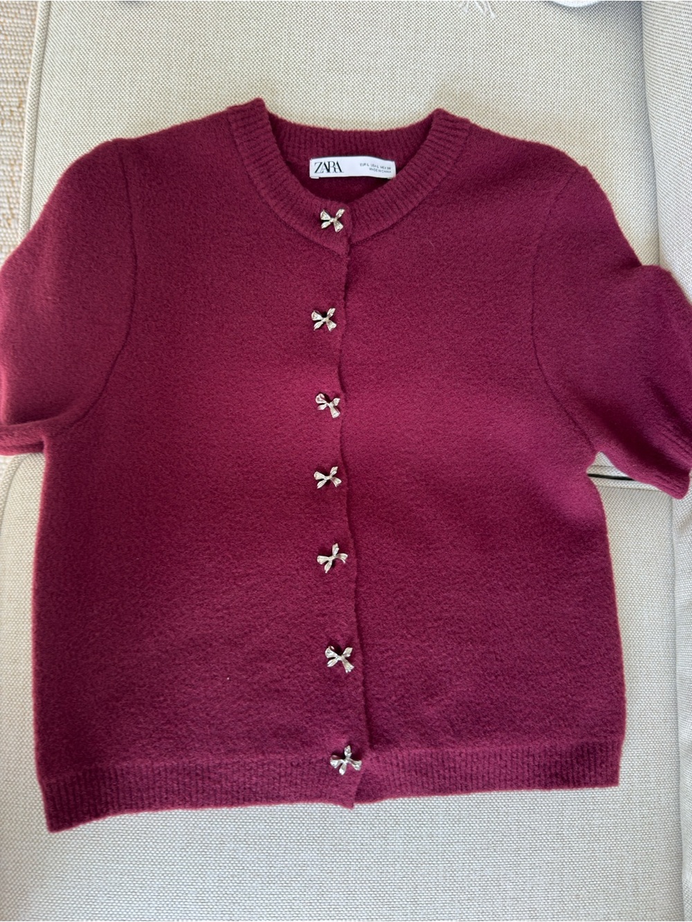 Zara Short-Sleeve Knit Cardigan with Bow Gem Buttons - Burgundy